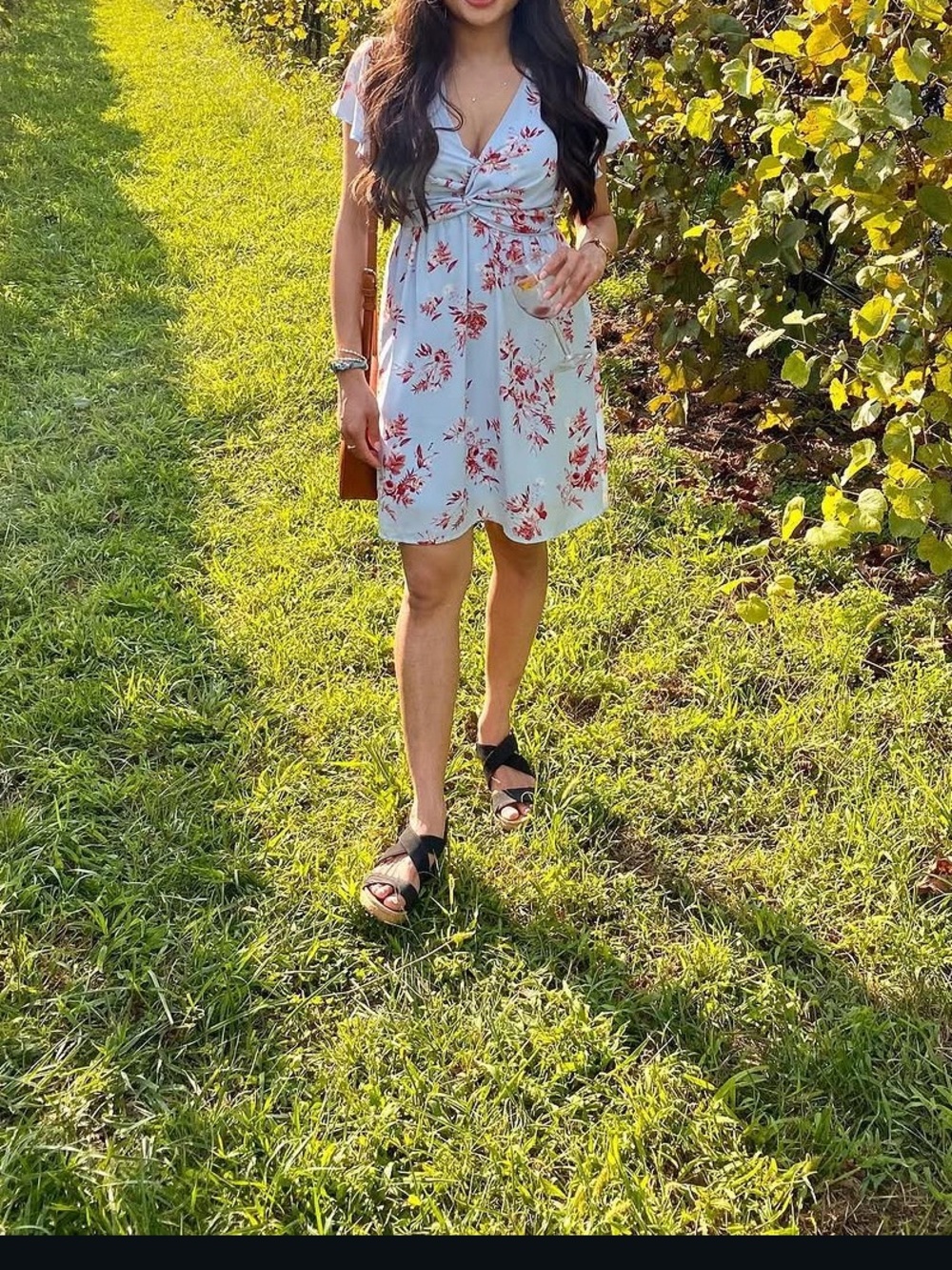 Express Light Blue Floral Midi Dress with Red Print
